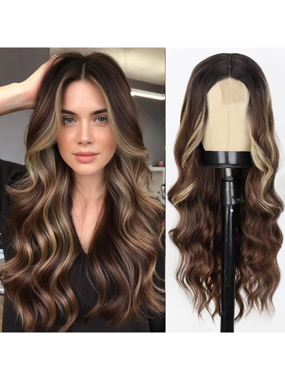 Women's Omber Brown 26 Inch Natural Synthetic Modern Long Curly Wavy Fiber Wigs